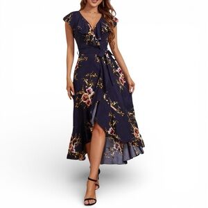 Petal Roz Dark Navy Floral High Low Deep V Sleeveless Flowy Maxi Wrap Dress